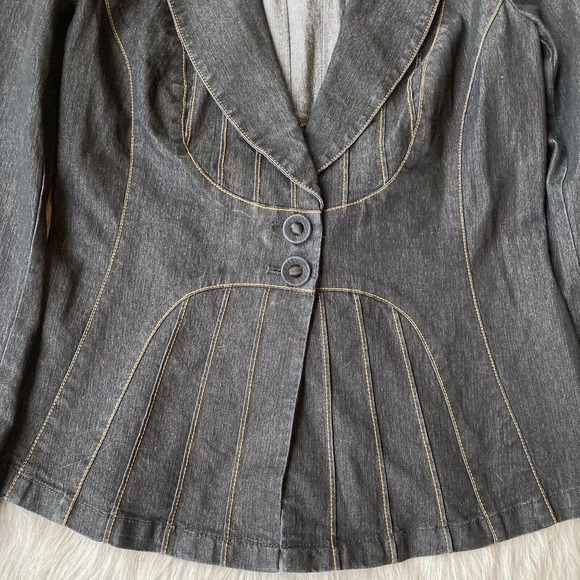 Bisou Bisou Blazer Sz Small Dark Wash Stretch Denim Jacket 2 Buttons Casual Work - Picture 2 of 9